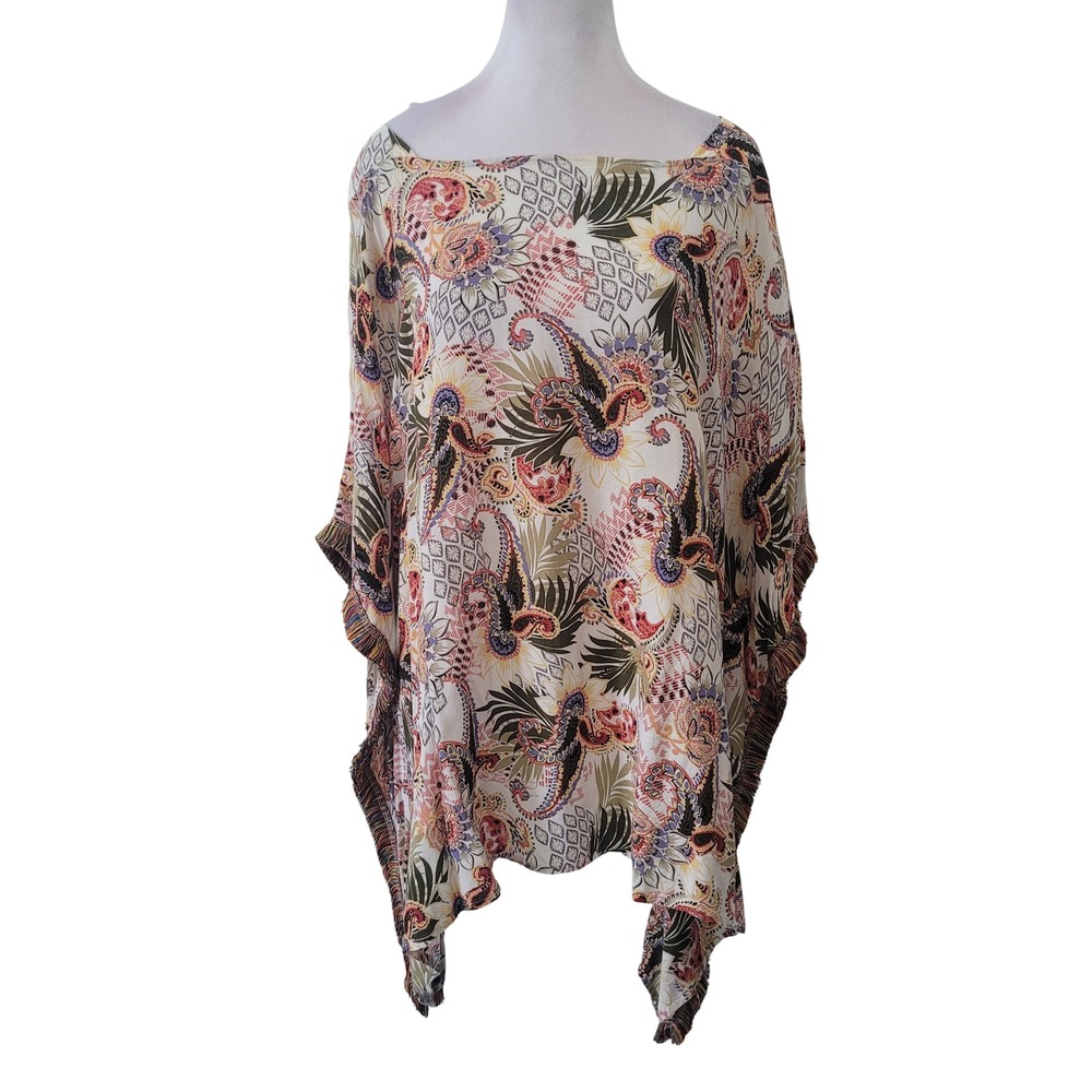 Chico's Women‎ L/XL Kimono Top Multi-Color Paisley Fringe Trim Boho Relaxed Fit